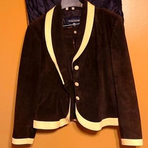 Italiano expresso brown & cream suede and leather trim w mini skirt suit Size 12